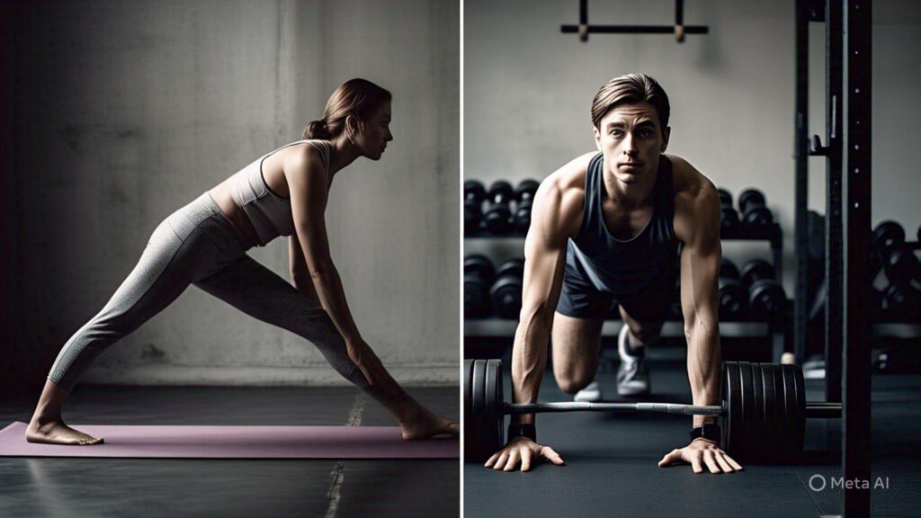 Benefits of Yoga Compared to Gym Workouts: A Comprehensive Guide 2 a split or blended composition featuring a 1 Benefits of Yoga Compared to Gym Workouts: A Comprehensive Guide