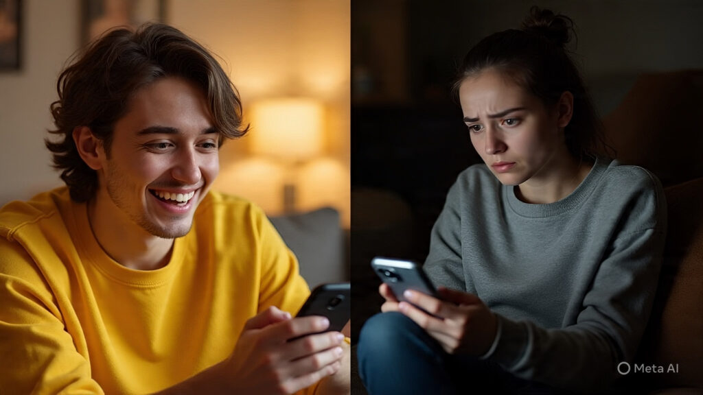 Understanding Transactional Relationships in the Digital Age. 5 a split screen on one side a cheerful Understanding Transactional Relationships in the Digital Age.