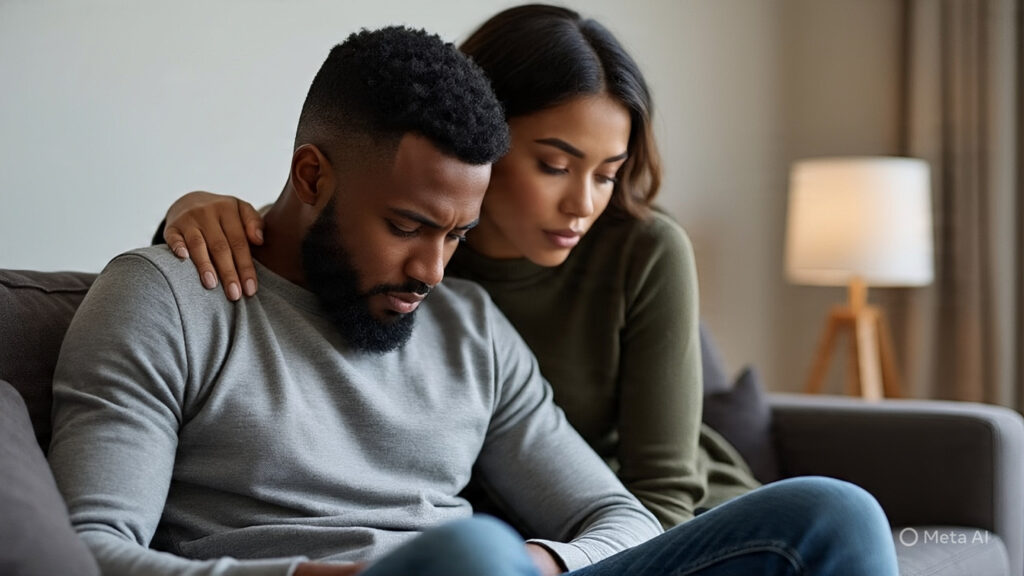 generate a warm realistic image of a He’s Not Emotionally Distant—He’s Emotionally Conditioned: What Women Need to Know About Men’s Mental Health