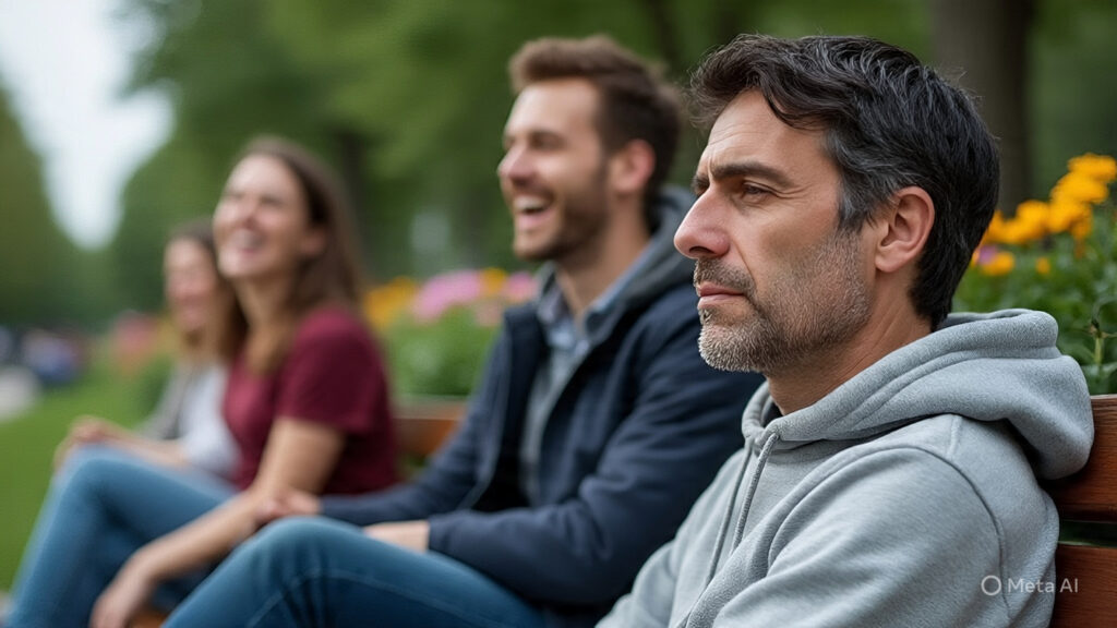 man sitting alone with group of laughing 1 He’s Not Emotionally Distant—He’s Emotionally Conditioned: What Women Need to Know About Men’s Mental Health