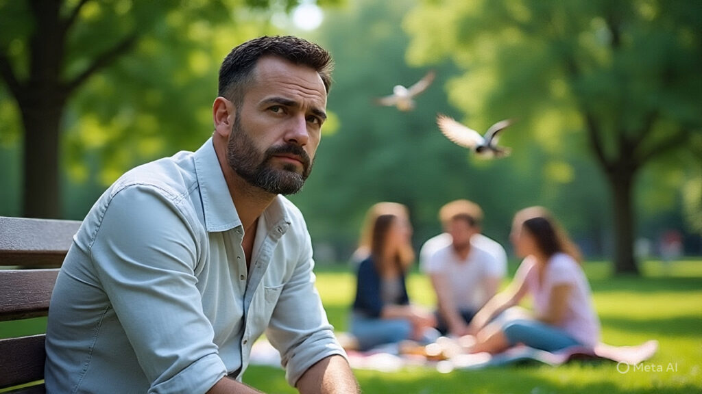 man sitting alone with group of laughing He’s Not Emotionally Distant—He’s Emotionally Conditioned: What Women Need to Know About Men’s Mental Health